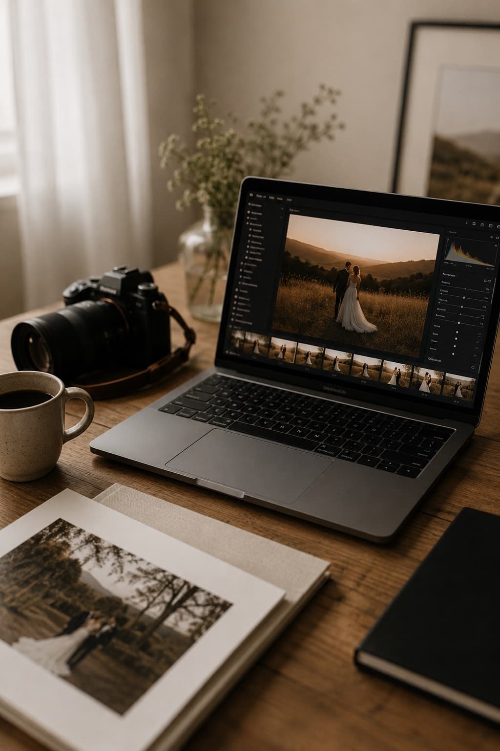 Photographer workspace with camera and laptop